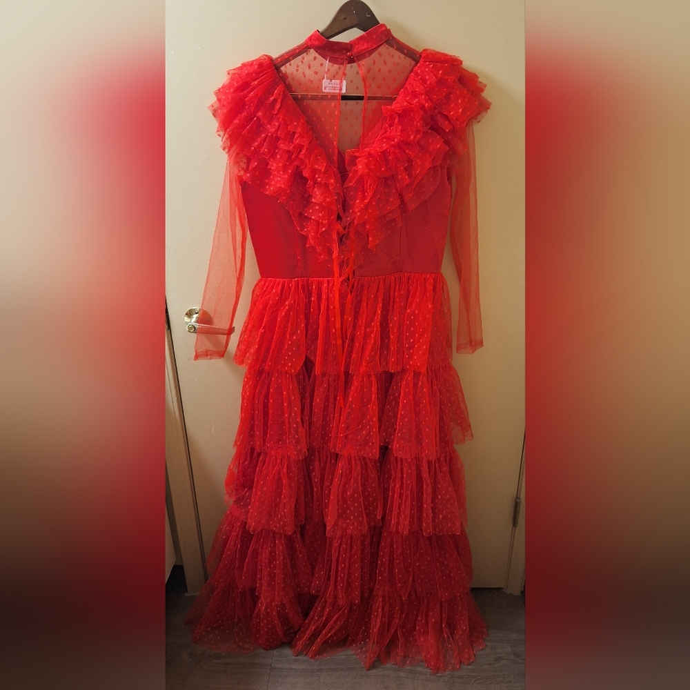Miccostume Women XL RED LACE Wedding GOWN Costume Devil Bride Halloween Cosplay